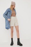 foto шорти з домішкою льону vero moda жіночі колір бежевий однотонні висока посадка