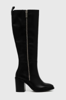 foto шкіряні чоботи tommy hilfiger zip high heel longboot жіночі колір чорний каблук блок